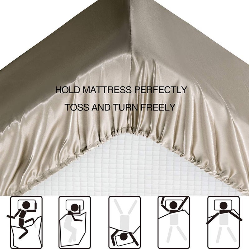 Luxbedding Satin Bed Sheets Queen Sheet Set, Taupe Silk Sheets, 4 - Pieces Soft Bedding Set with 1 Deep Pocket Fitted Sheet,1 Flat Sheet,2 Pillowcase - Image 3